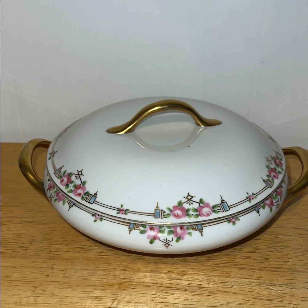 Antique Nippon Porcelain Elegant Floral Lidded Serving Dish with Gold Accents